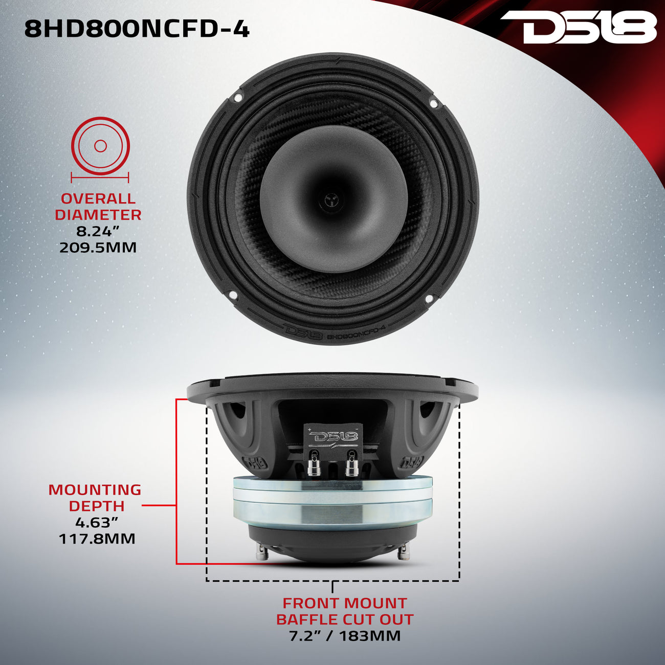 Altavoz coaxial híbrido de neodimio de medios graves, resistente al agua, de fibra de carbono, con controlador incorporado, 400 vatios RMS, 4 ohmios, 8HD800NCFD-4