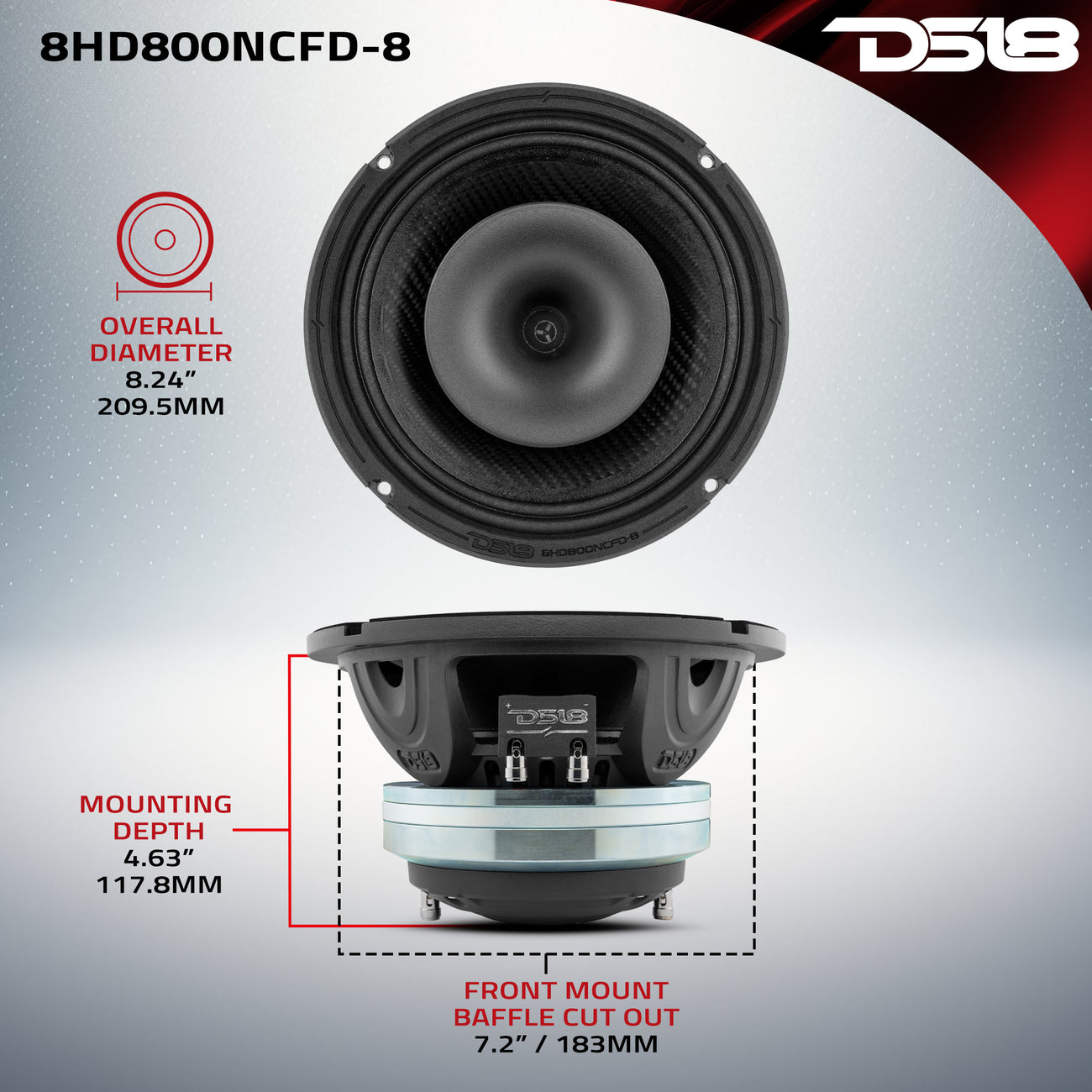 8HD800NCFD-8 Alto-falante de cone de fibra de carbono híbrido coaxial de neodímio médio-grave resistente à água com driver integrado 400 Watts RMS 8 Ohm