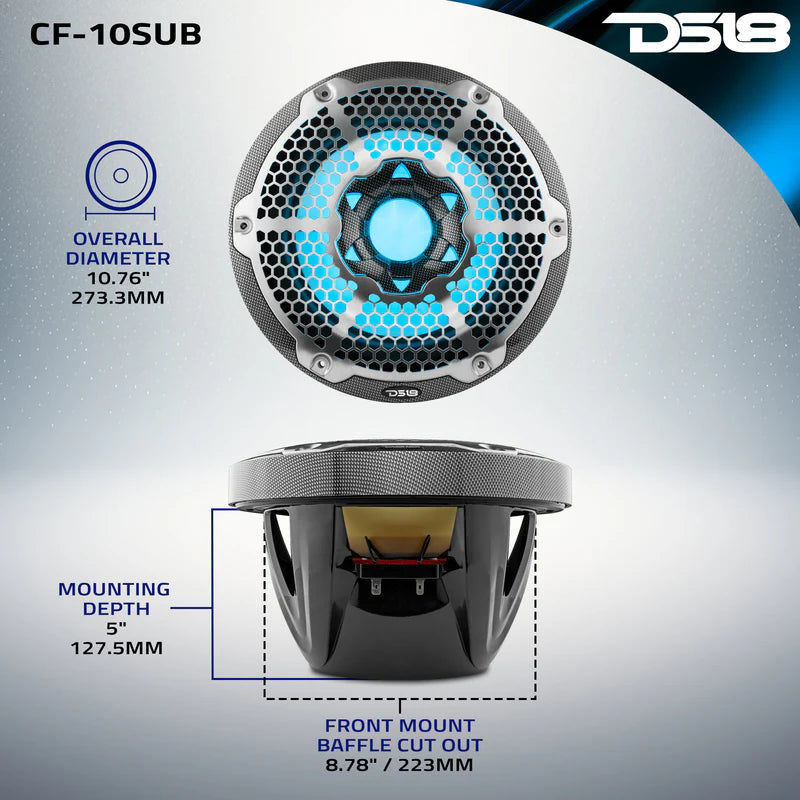 CF-10SUB NXL 10" Marine Subwoofer With LED RGB Lights 300 Watts Rms SVC 4-Ohm -Black Carbon Fiber