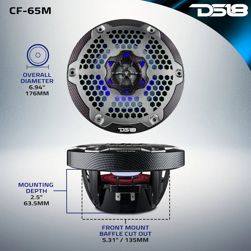 CF-65M NXL 6.5" 2-Way Coaxial Marine Speaker With LED RGB Lights 100 Watts Rms 4-Ohm - Black Carbon Fiber