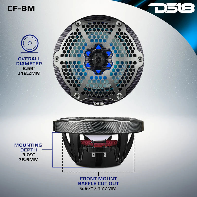 CF-8M NXL 8" 2-Way Coaxial Marine Speaker With LED RGB Lights 125 Watts Rms 4-Ohm - Black Carbon Fiber