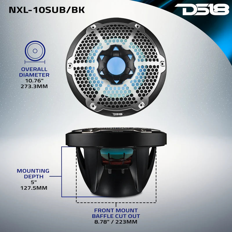 NXL-10SUB/BK NXL 10" Marine Subwoofer with RGB LED Lights 300 Watts Rms SVC 4-Ohm - Black