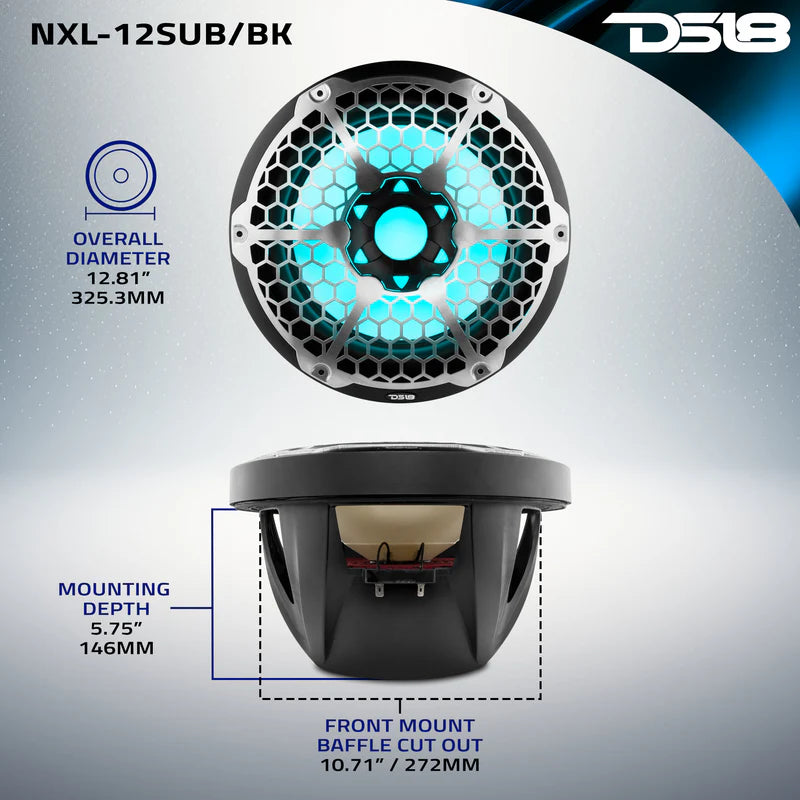 NXL-12SUB/BK NXL 12" Marine Subwoofer With LED RGB Lights 350 Watts Rms SVC 4-Ohm -Black