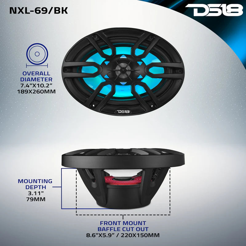 NXL-69/BK NXL 6x9" 2-Way Coaxial Marine Speaker With LED RGB Lights 125 Watts Rms 4-Ohm -Black