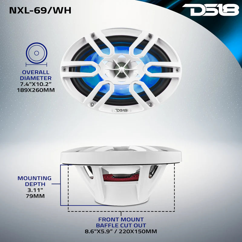 NXL-69/WH NXL 6x9" 2-Way Coaxial Marine Speaker With LED RGB Lights 125 Watts Rms 4-Ohm -White