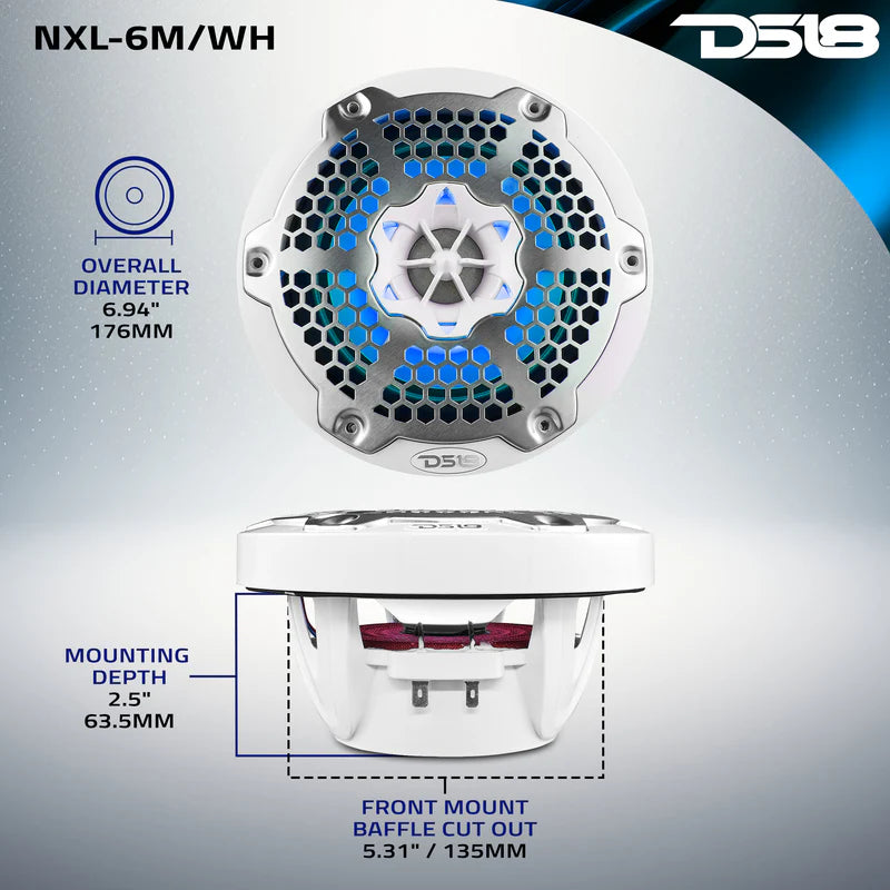 NXL-6M/WH NXL 6.5" 2-Way Coaxial Marine Speaker With LED RGB Lights 100 Watts Rms 4-Ohm - White