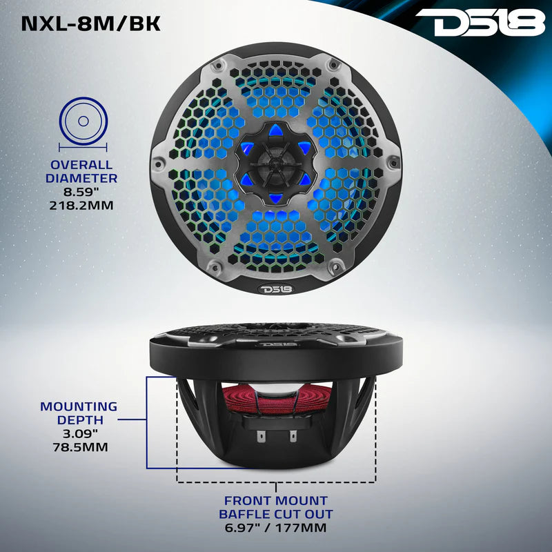 NXL-8M/BK NXL 8" 2-Way Coaxial Marine Speaker With LED RGB Lights 125 Watts Rms 4-Ohm - Black