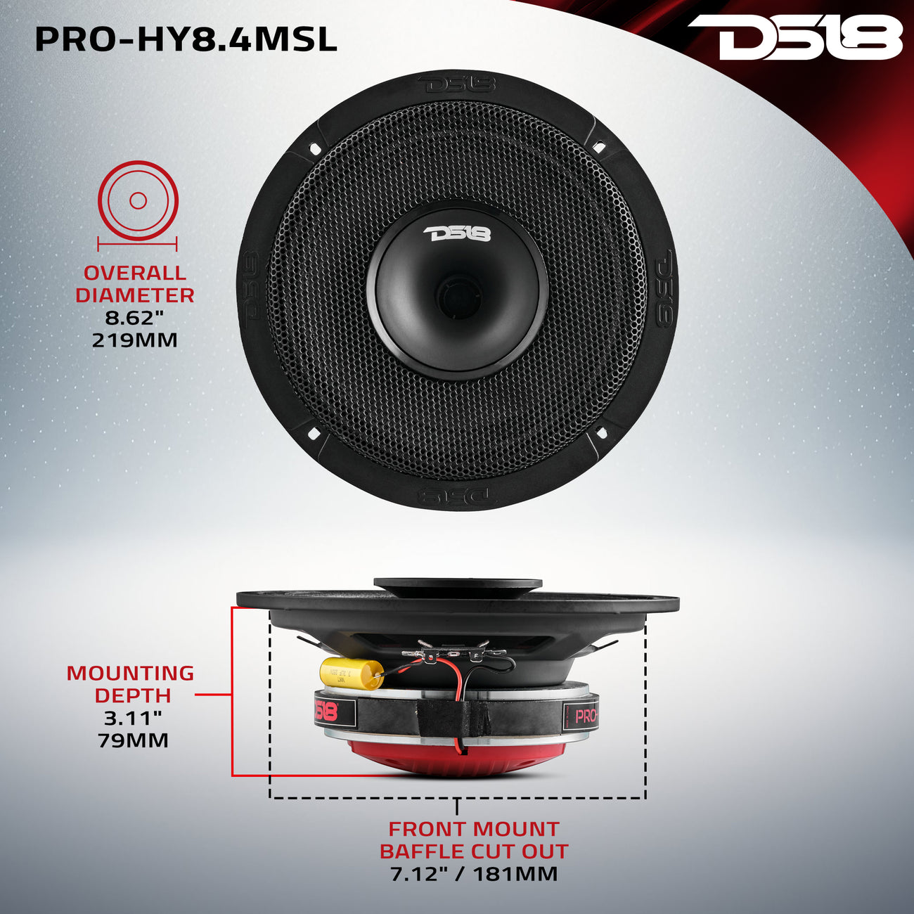 Altavoz híbrido coaxial de rango medio de poca profundidad PRO-HY8.4MSL con controlador integrado, 200 vatios RMS, 4 ohmios, rejilla incluida