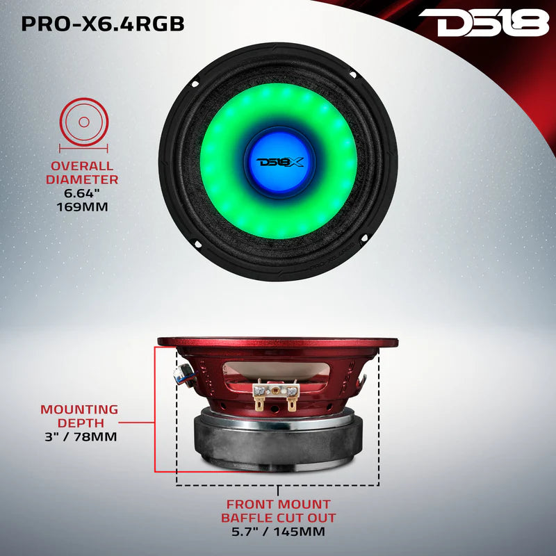 PRO-X6.4RGB 6.5" Mid-Range Loudspeaker with Dual RGB LED For Cone & Dust Cap 250 Watts 4-Ohm