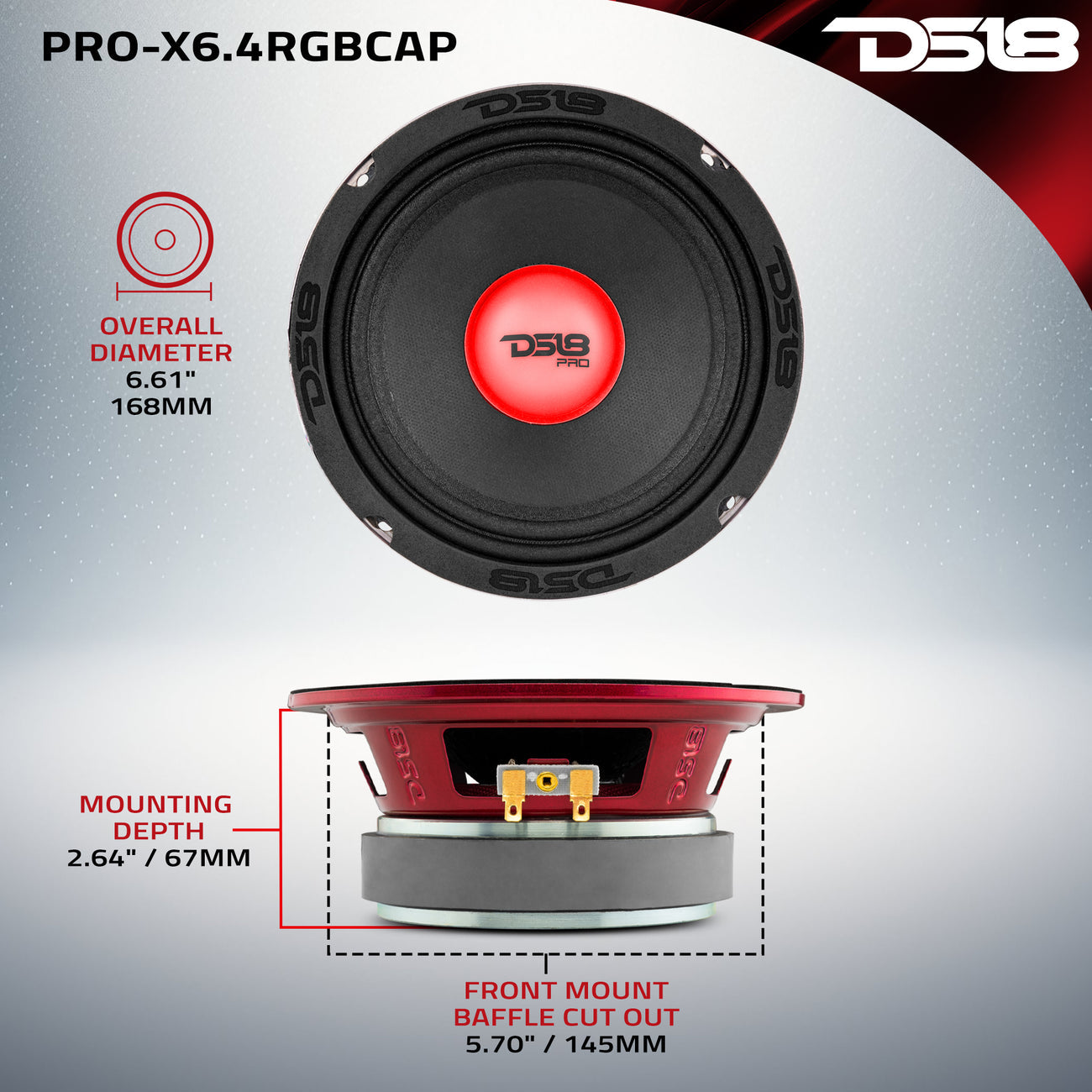 Altavoz de gama media PRO-X6.4RGBCAP con tapa antipolvo y luz RGB, 250 vatios RMS, 4 ohmios