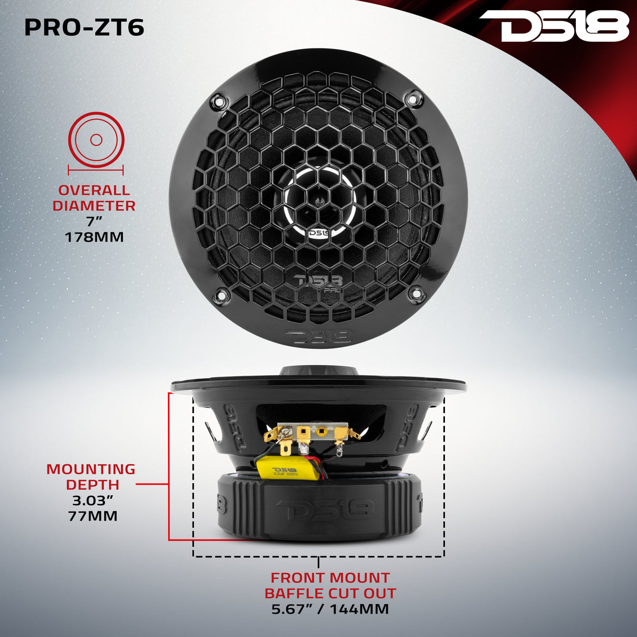 Altavoz coaxial de rango medio PRO-ZT6 con cono resistente al agua, tweeter tipo bala y rejilla incorporados, 225 vatios RMS, 4 ohmios