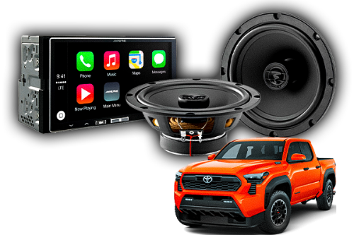 Car stereo system with touchscreen display, speakers, and an orange Toyota truck on a white background.