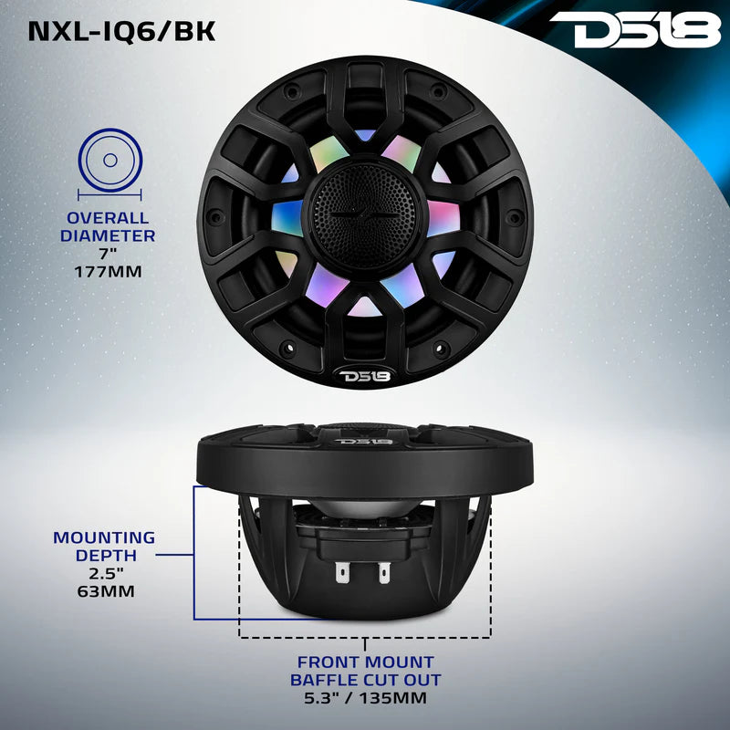 NXL-IQ6/BK NXL 6.5" 2-Way Coaxial Marine Speaker With Digital Led Lights And Bullet Tweeter 150 Watts 4-Ohm