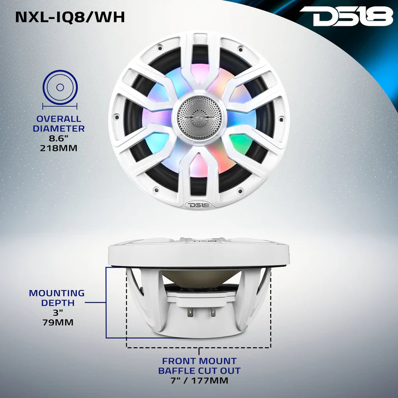 NXL-IQ8/WH NXL 8" 2-Way Coaxial Marine Speaker With Digital Led Lights And Bullet Tweeter 175 Watts 4-Ohm