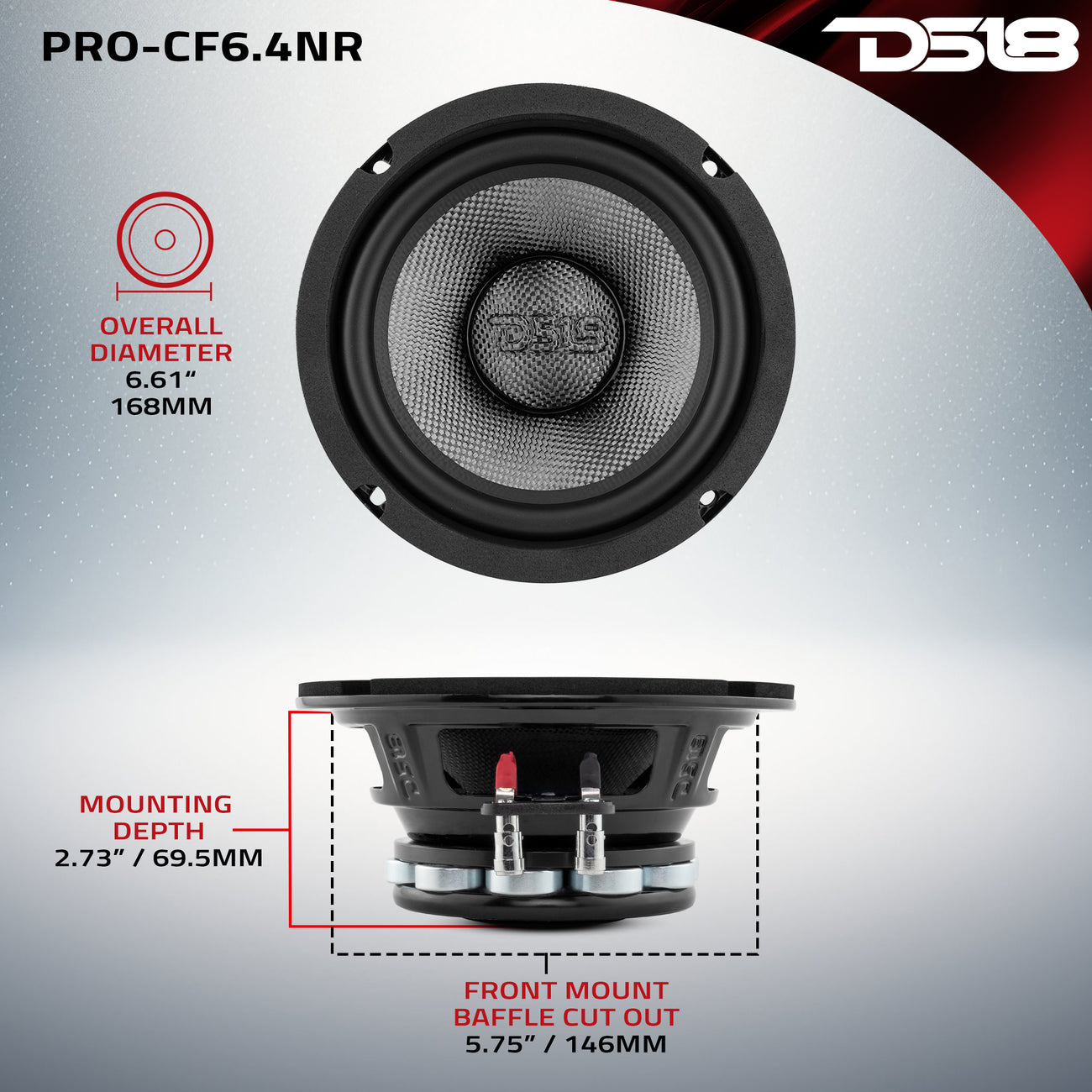 PRO-CF6.4NR 6.5" Neodymium Carbon Fiber Water resistant Cone Mid-Bass Loudspeaker 250 Watts Rms 4-Ohm