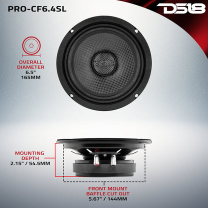 PRO-CF6.4SL Shallow Carbon Fiber Water resistant Cone Mid-Bass Loudspeaker 250 Watts Rms 4-Ohm