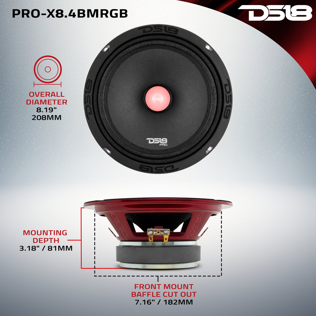 PRO-X8.4BMRGB Mid-Range Loudspeaker with RGB Light Bullet 275 Watts Rms 4-Ohm