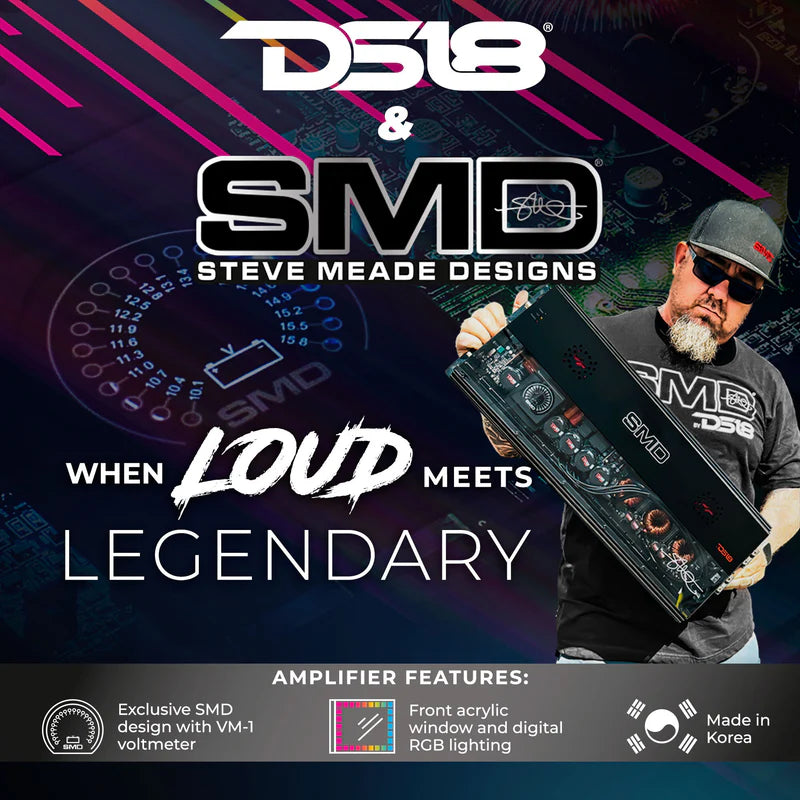 SMD-500.4AB SMD 4-Channel Class AB Amplifier with VM-1 Voltmeter and Digital LED Lights 4 x 500W at 2-Ohm - Steve Meade Designs