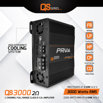 QS3000 2OHM PRV 1 CHANNEL RATED RMS POWER AT 14.0 V AT 2 OHM 3000 WATTS