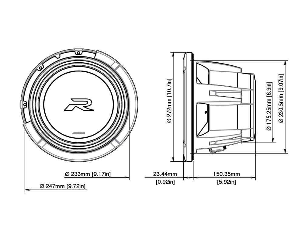 R2-W10D4 ALPINE R2 SERIES 10 SUBWOOFER WITH DUAL 4-OHMVOICE COILS 2250 WATTS PEAKS