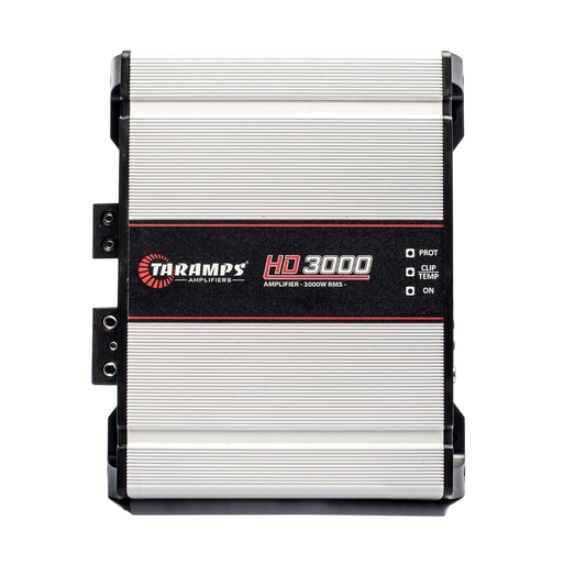 CAS Car Audio Store Taramps HD3000 1 Ohm monoblock car amplifier in silver with black accents and status indicators.